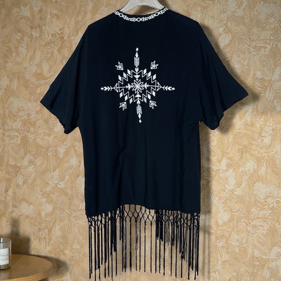 Love Tree Happens Open Tribal/Western Embroidered Kimono w/ Fringe Tassels Large - Picture 7 of 16